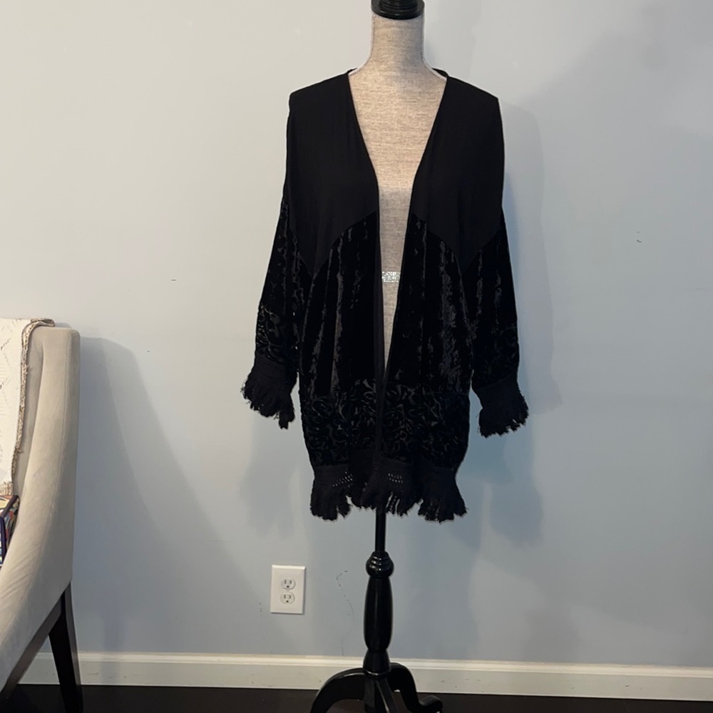 Knox Rose Womens Black Velvet Fringe Trim Cardigan Size Medium